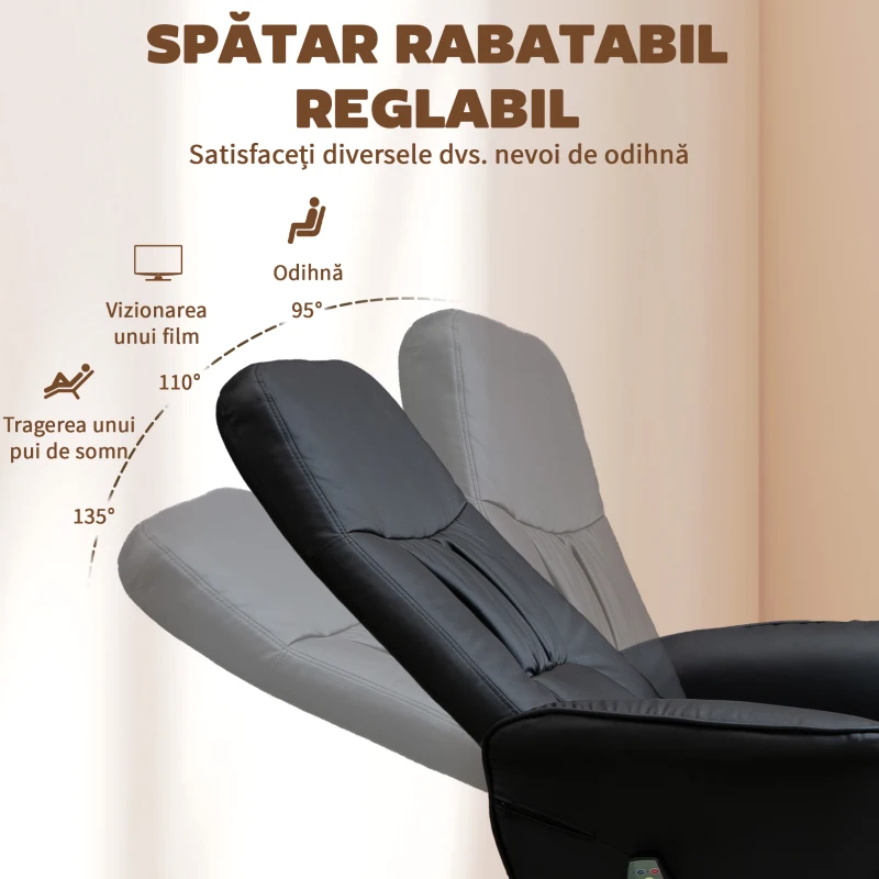 HOMCOM Fotoliu Relaxant cu Suport pentru Picioare, Reclinabil 145° cu Șezut Rotativ, cu 10 Puncte de Masaj, Negru