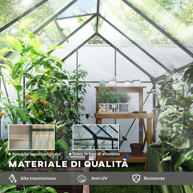 Outsunny Serra in Policarbonato e Alluminio con Finestra Apribile e Porta Scorrevole, 190x253x199 cm, Grigio Scuro