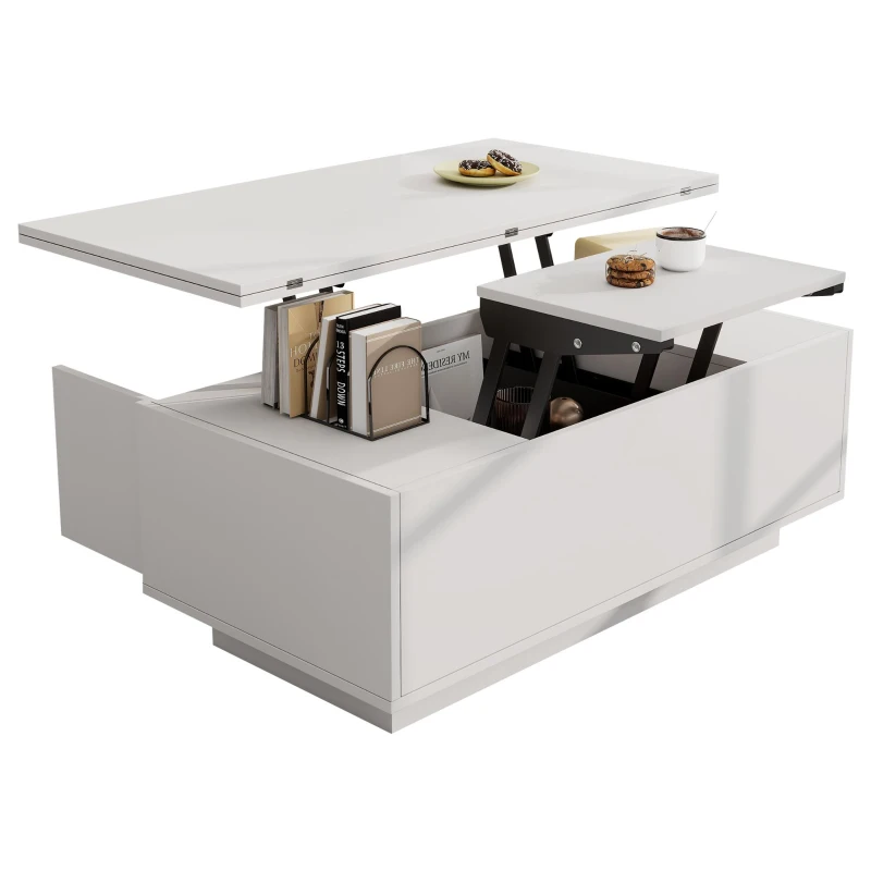 Lift-Up Coffee Table With 2 Doors, 2 Liftable Tops, 2 Cabinets, Particleboard Centre Desk With Hidden Storage, 100L x 50W x 55.5H cm, White