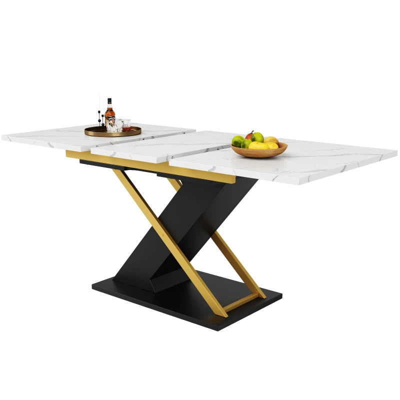 6–8 Seats Extendable Dining Table with Marble-Effect MDF Top, Kitchen Table with Metal Slide Rails, 120-160L x 80W x 75.5H cm, Black+Golden