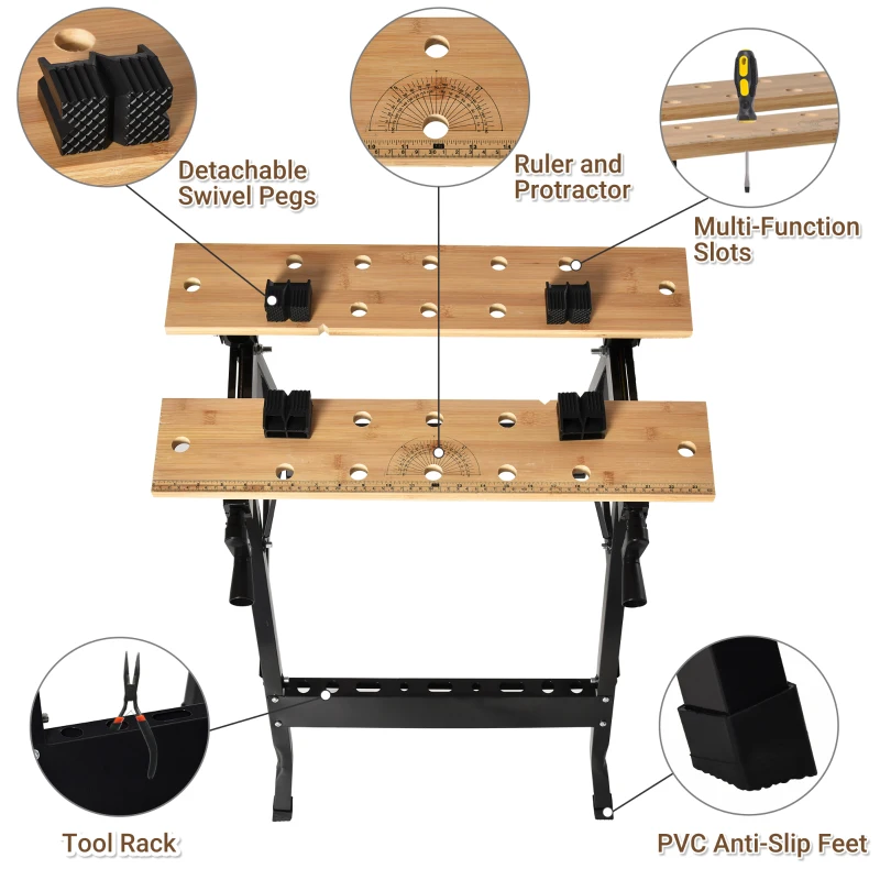 HOMCOM Banc de Lucru Pliabil cu 4 Menghine, Riglă și Unghiometru, Capacitate 150 kg, Negru și Lemn