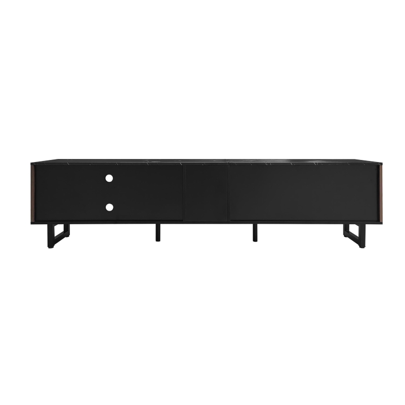 Modern TV Cabinet with 2 Wood-Grain Doors and 2 Open Shelves, TV Stand for Robot Vacuum Cleaners, 200L x 38W x 50H cm, Black+Wood