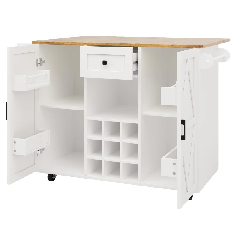 Modern Kitchen Island and Serving Trolley with Castors, Extendable Fold‑Out Dining Table with Side Shelves, 137.5L x 40-65W x 95.5H cm, White