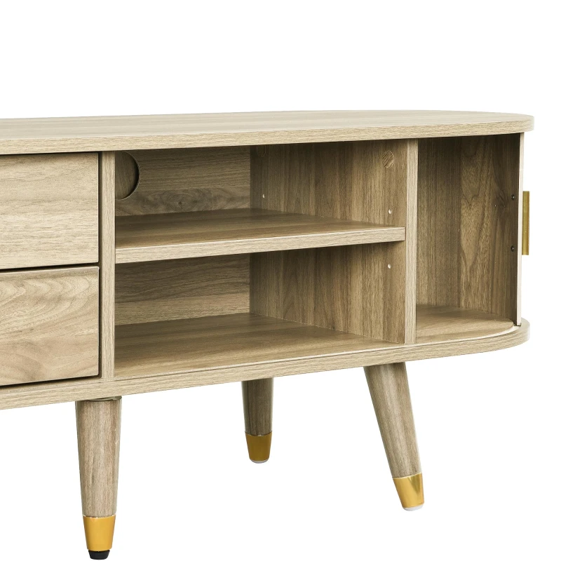 Modern TV Cabinet with Sliding Door, Large Multifunctional Storage, TV Stand with Open Shelves, Drawers, 175L x 38W x 45H cm, Natural