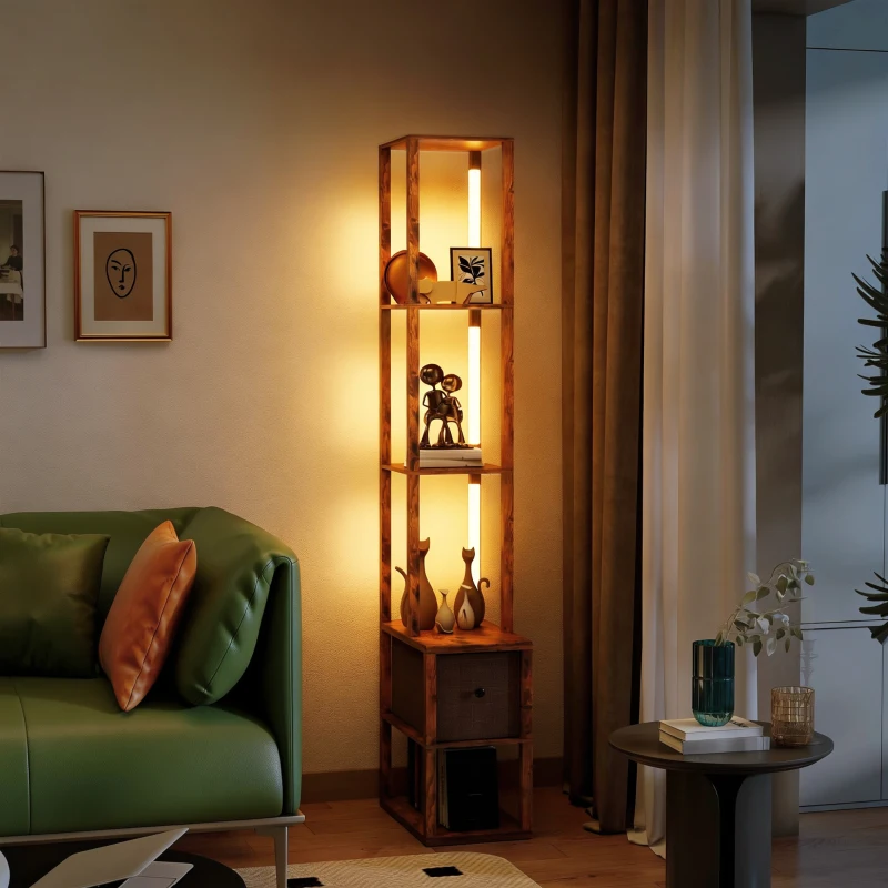 HOMCOM Floor Lamp with Shelves, LED Column Modern Standing Lamp with Fabric Drawer, Adjustable Brightness, Foot Switch for Living Room, Bedroom, Office, Rustic Brown