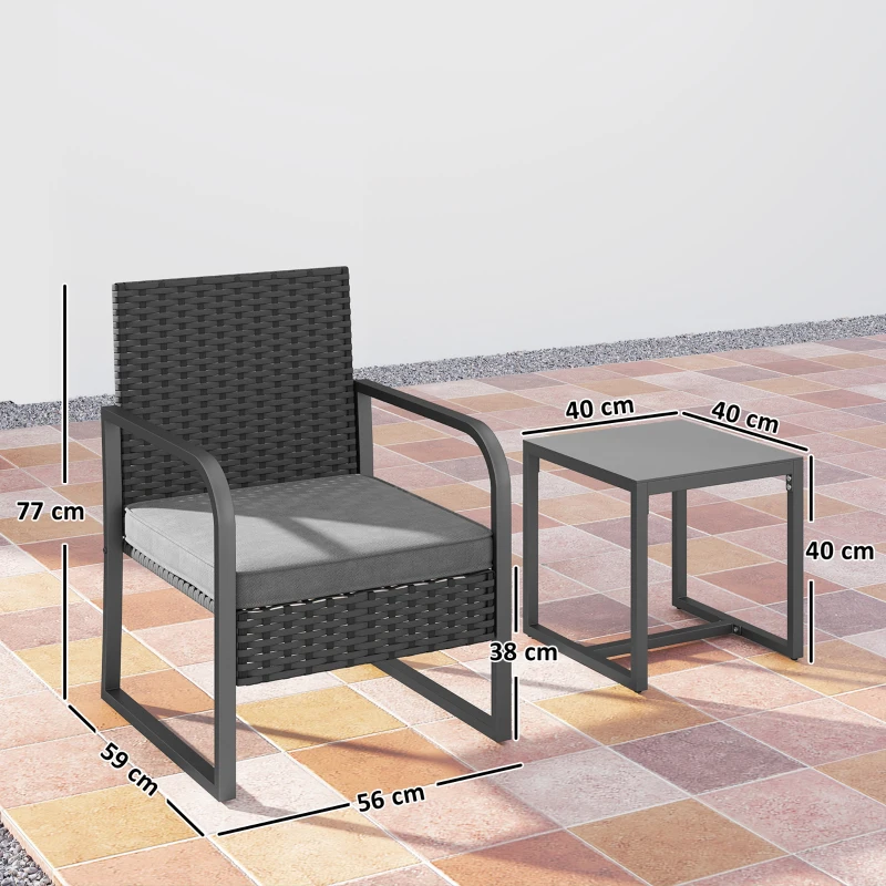 Outsunny Rattan-Gartenlounge mit 2 Außensesseln und Beistelltisch mit Glasplatte, Schwarz