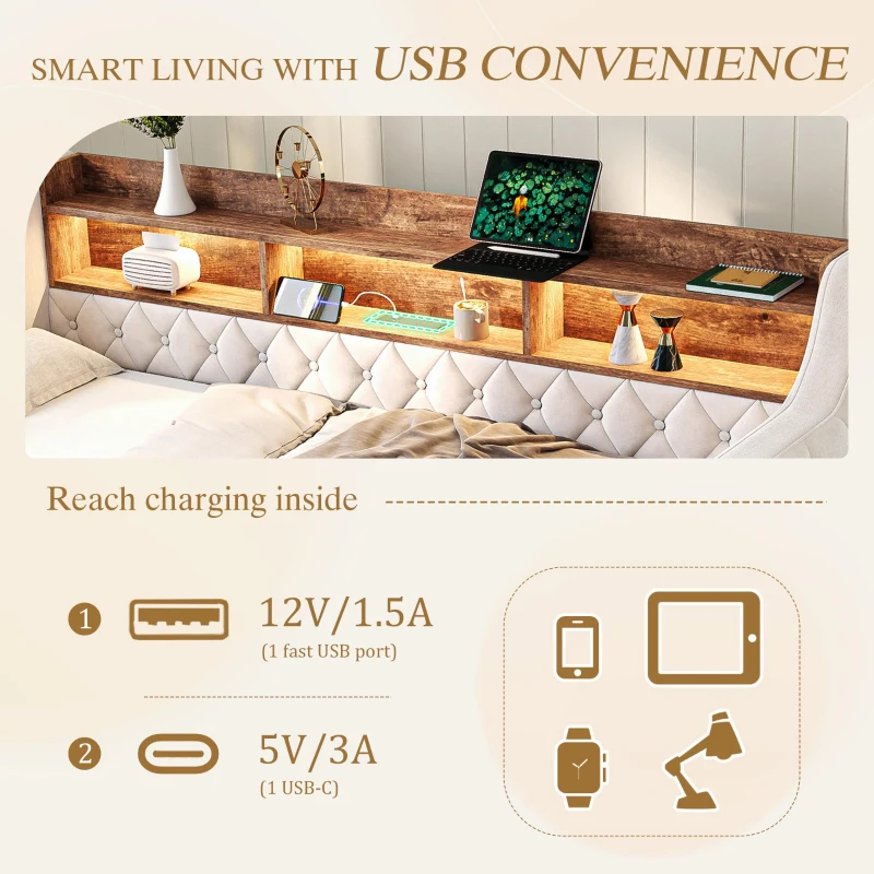 Space-Saving Sofa Bed with Adjustable LED Lighting and USB-C Port, Bed Frame with Built-in Storage Shelf, 201L x 107W x 75H cm, Beige