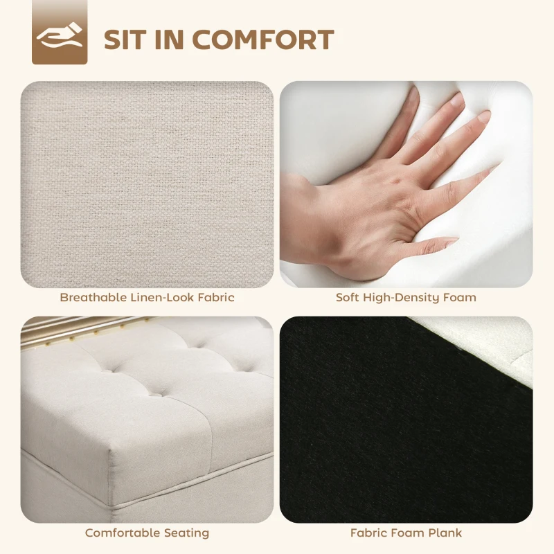 HOMCOM Taburet depozitare 80L, material textil, picioare lemn, 118x42x45 cm, crem