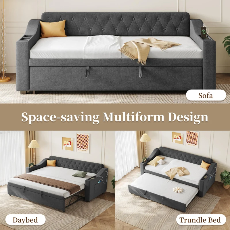 3-in-1 Upholstered Sofa Daybed with USB and Type-C Charging Station, Bed Frame with Built-In Armrest Storage, 217L x 191W x 81H cm, Grey