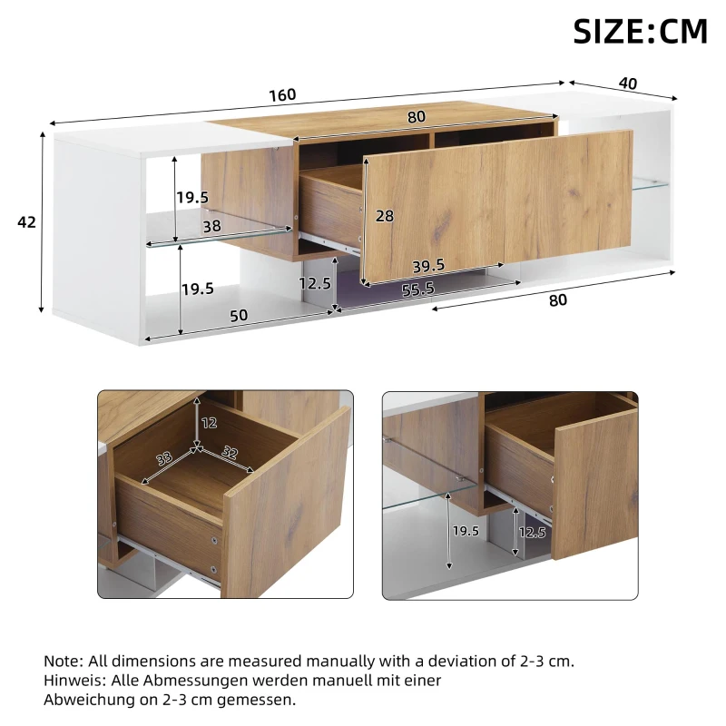 Modern TV Stand with 2 Drawers and 5 Open Compartments, TV Cabinet with App-controlled LED Lights, 160L x 40W x 42H cm, White+Wood