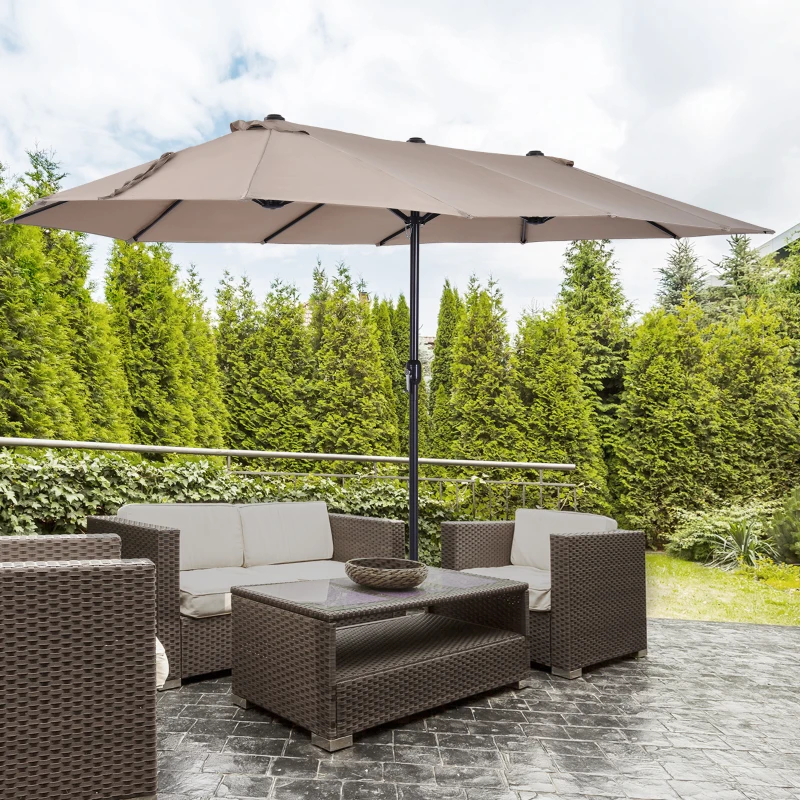 Outsunny Parasol de jardin exterieur parasol double rectangulaire 4,6L x 2,7l x 2,4H m avec ouverture fermeture manivelle, cadre en acier, toile 180 g/m², parasol pour balcon, piscine, marron