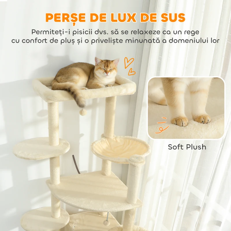 PawHut Ansablu de joacă pentru pisici, 2 căsuțe, 2 paturi și hamac, 200cm, bej