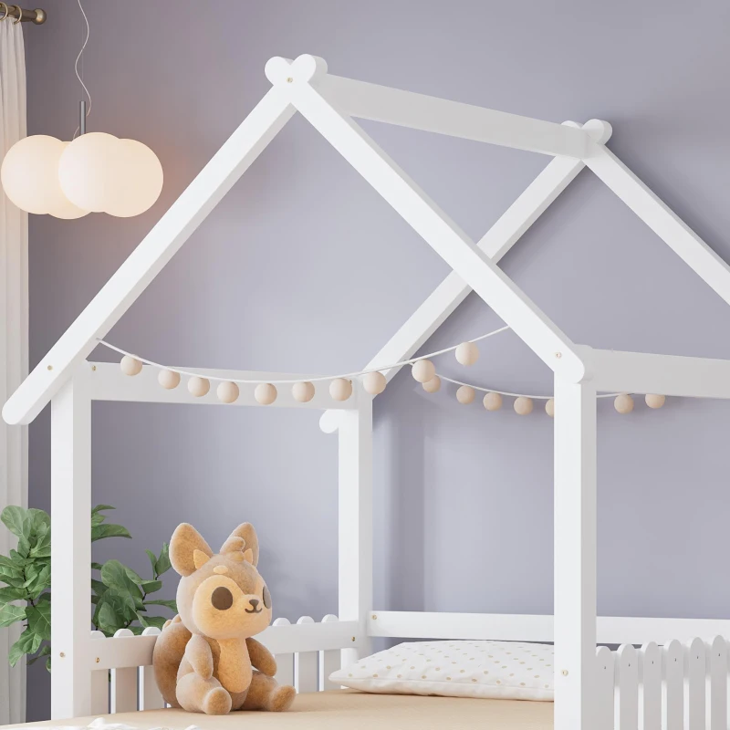 3ft Single Wooden Bed with Pull-Out Trundle and Sturdy Plywood Slats, Versatile Bed Frame for Bedrooms, 197L x 107.5W x 139H cm, White