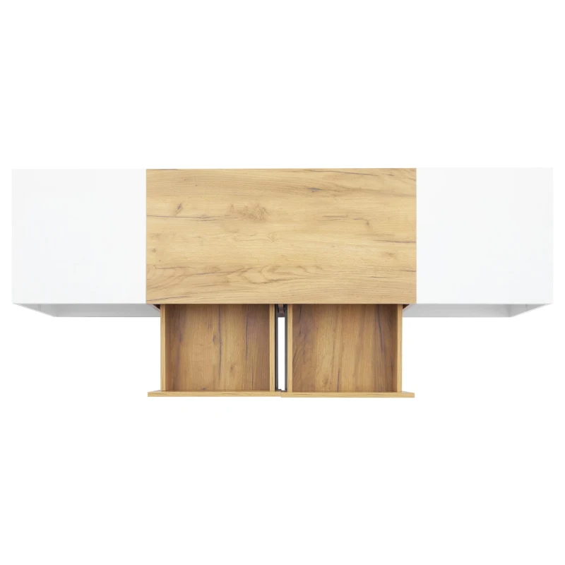 Modern TV Stand with 2 Drawers and 5 Open Compartments, TV Cabinet with App-controlled LED Lights, 160L x 40W x 42H cm, White+Wood