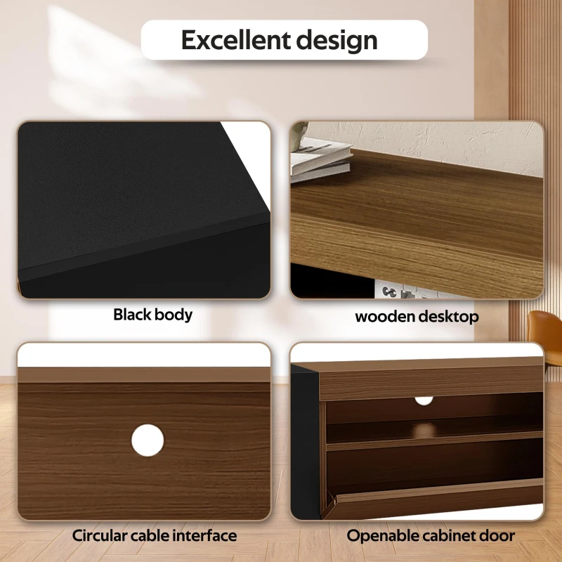 Modern TV Cabinet with 2 Front Doors and Open Side Compartments, Durable TV Stand with Cable Outlets, 180L x 36W x 43H cm, Black+Wood