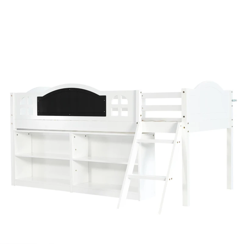 3ft Single Storage Bed with Built-in Blackboard for Drawing, High Sleeper Bed with 2-Step Inclined Staircase, 196.5L x 132W x 96H cm, White+Black