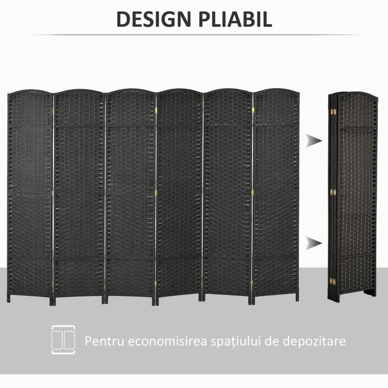 HOMCOM Paravan Despărțitor Interior Pliabil cu 6 Panouri Întrețesute, 240x170 cm, Negru