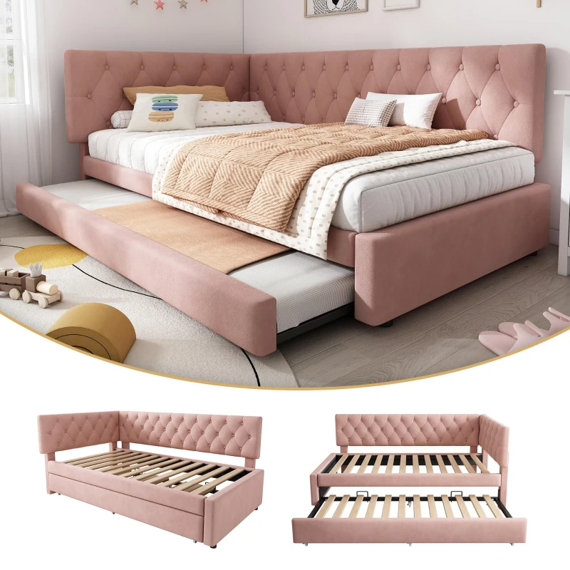 Upholstered Daybed with Pull-Out Trundle and Slatted Base, Space-Saving Velvet Single Sofa Bed for Adults and Kids, 202L x 105W x 83H cm, Pink