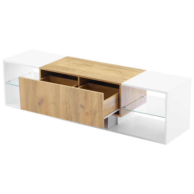 Modern TV Stand with 2 Drawers and 5 Open Compartments, TV Cabinet with App-controlled LED Lights, 160L x 40W x 42H cm, White+Wood