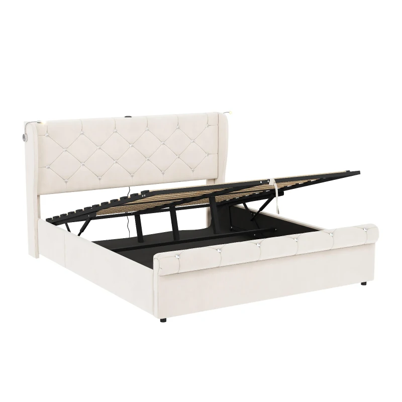 4ft6 Double Upholstered Bed with Built-in Type‑C & USB Charging, Bed Frame with Adjustable LED Reading Lights, 214L x 145W x 102H cm, Beige