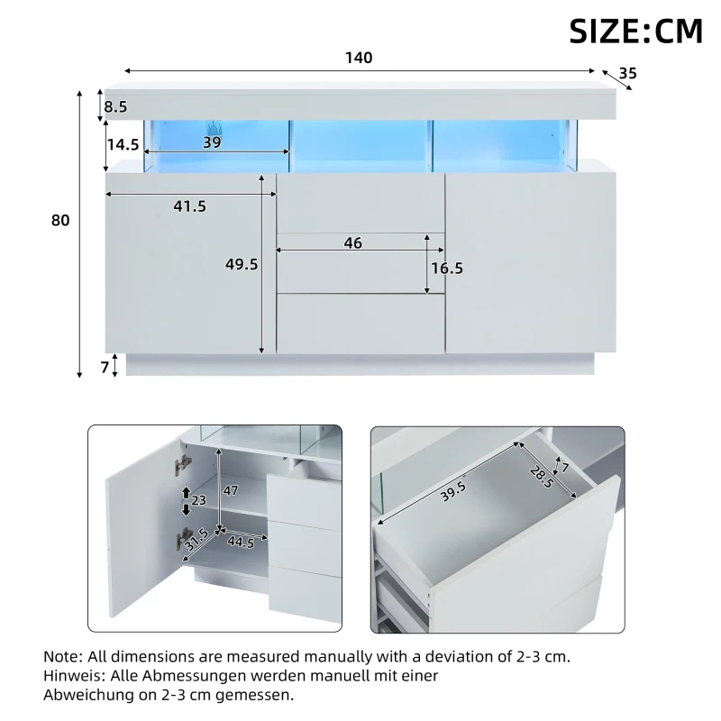 High-gloss Storage Cabinet with App-Controlled LED Lighting, Locker with Adjustable Shelves and Soft-close Drawers, 140L x 35W x 80H cm, White