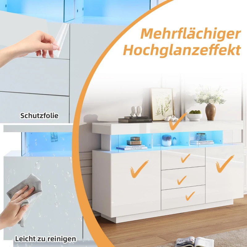 High-gloss Storage Cabinet with App-Controlled LED Lighting, Locker with Adjustable Shelves and Soft-close Drawers, 140L x 35W x 80H cm, White
