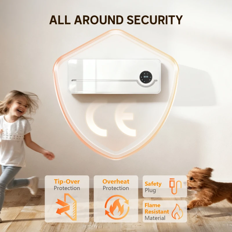 HOMCOM Încălzitor Electric 2000W de Perete cu 3 Moduri, Timer, Telecomandă și Blocare Copii