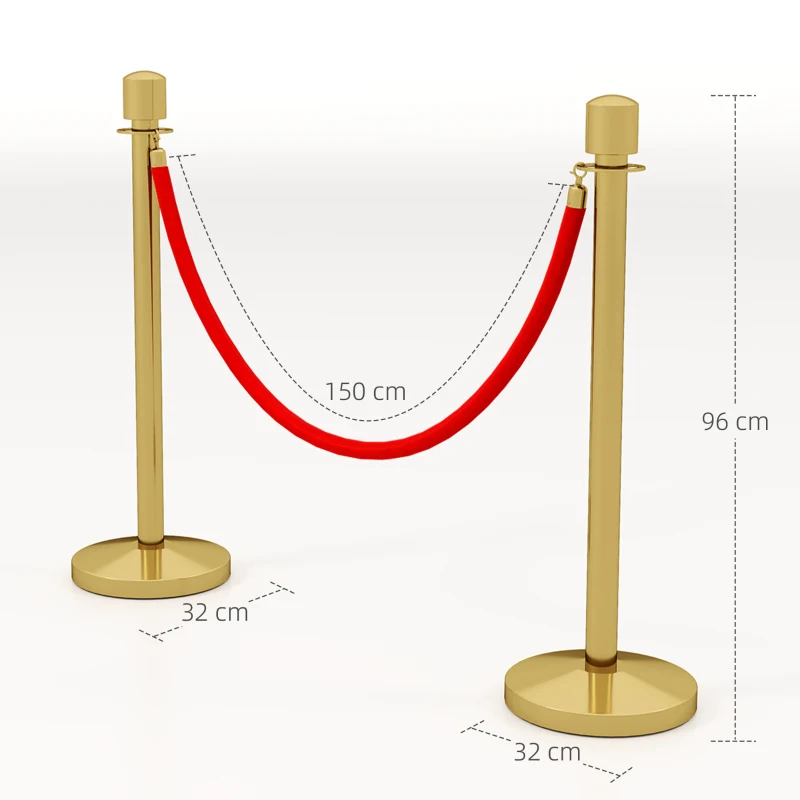 HOMCOM Colonnine Segnapercorso in Acciaio Inox Oro con Corda Vellutata Rossa di 1.5 m e Base Riempibile,, Ø32x96 cm