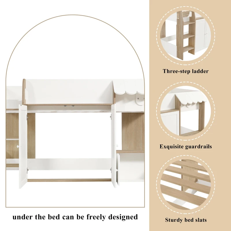 3ft Single High Sleeper Bed with Customisable Under-Bed Space, 3-Step Ladder Bed Frame for Children, 195L x 118W x 109H cm, White+Natural
