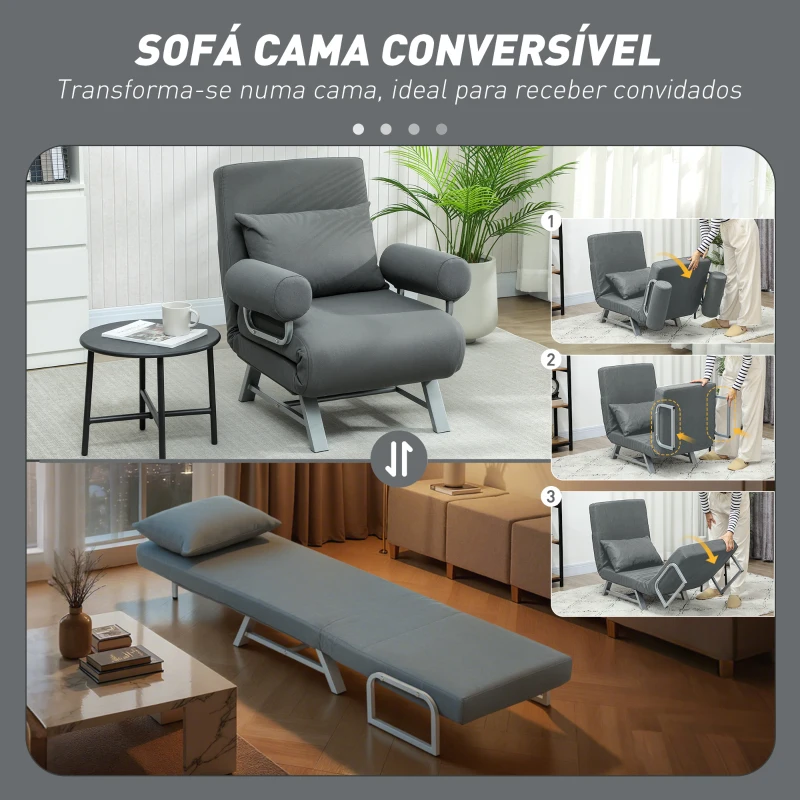 HOMCOM Sofá Cama Dobrável Estofado em Linho Sintético com Encosto Ajustável em 5 Níveis e Almofada Acolchoada 73x78x81 cm Cinzento Escuro
