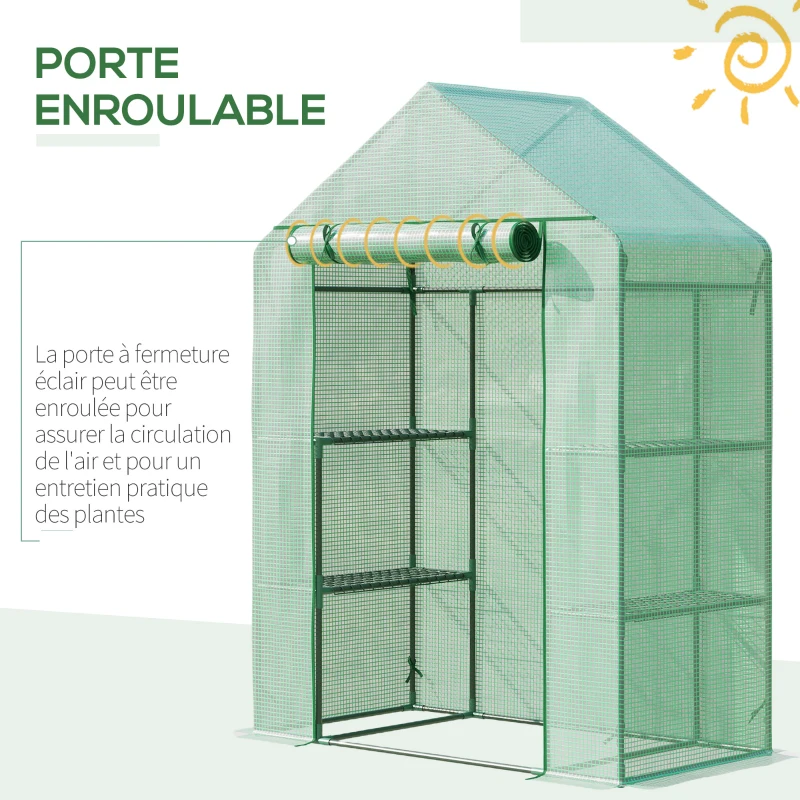 Outsunny Serre de Jardin avec Étagères 3 Niveaux, Petite Serre de Balcon en Bâche PE 140 g/㎡ Renforcée 141 x 72 x 191 cm, Vert