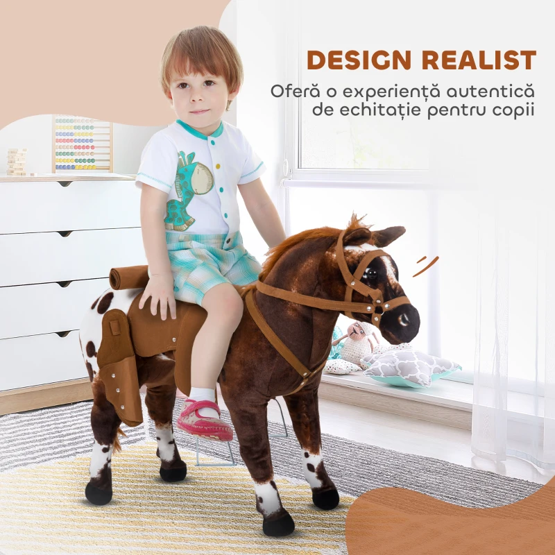 HOMCOM Cal Balansoar pentru Copii de 2+ Ani cu Sunet Realistic de Nechezat, Șa și Etriere, Jucărie din Pluș și Metal, 85x28x60 cm, Maro