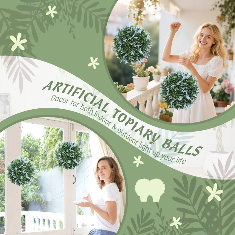 HOMCOM Set of 2 Artificial Plant Topiary Balls, UV-protected Fake Decorative Plants, Blue