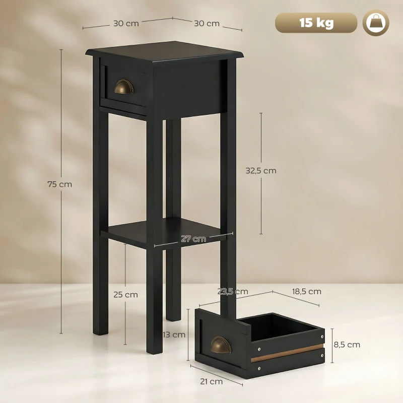 HOMCOM Mesa Auxiliar Estilo Moderno Mesita Auxiliar con Cajón y Estante de Almacenamiento 30x30x75 cm Negro