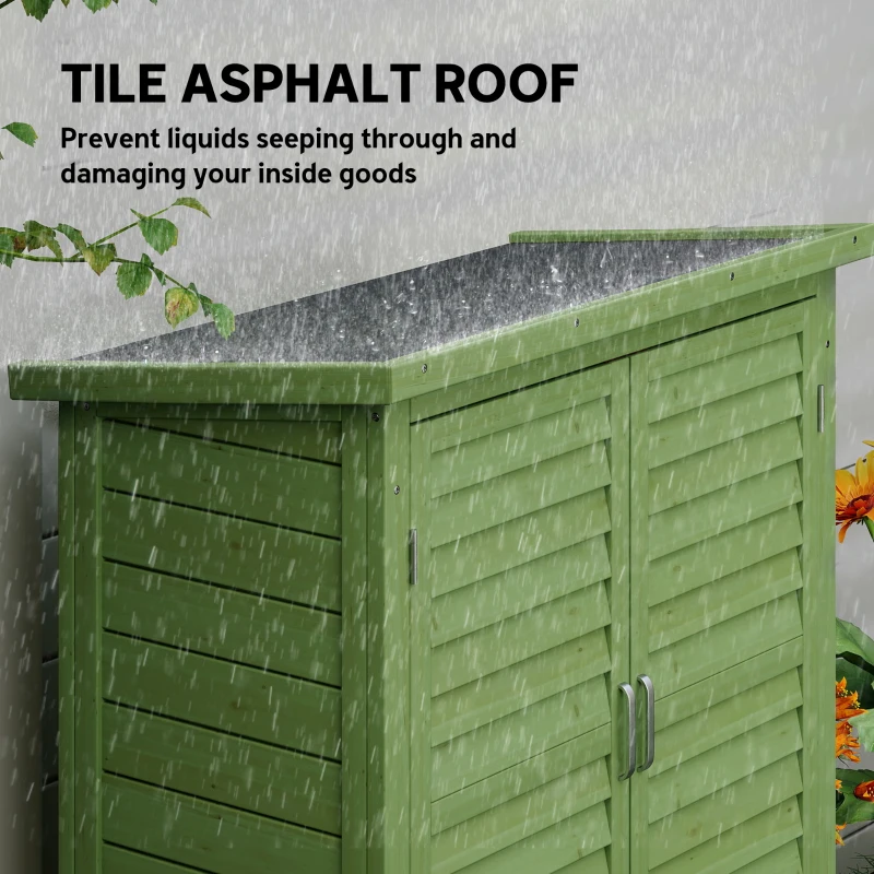 Outsunny Garden Shed Wooden Garden Storage Shed 2 Door Unit Solid Fir Wood Garage Tool Organisation Cabinet, 87L x 46.5W x 96.5Hcm, Green