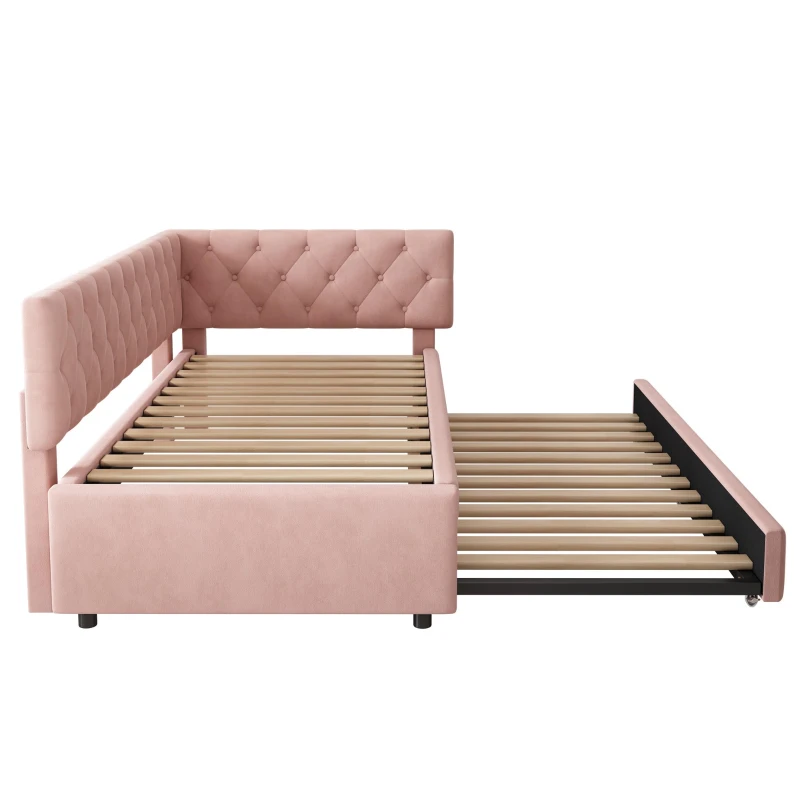 Upholstered Daybed with Pull-Out Trundle and Slatted Base, Space-Saving Velvet Single Sofa Bed for Adults and Kids, 202L x 105W x 83H cm, Pink