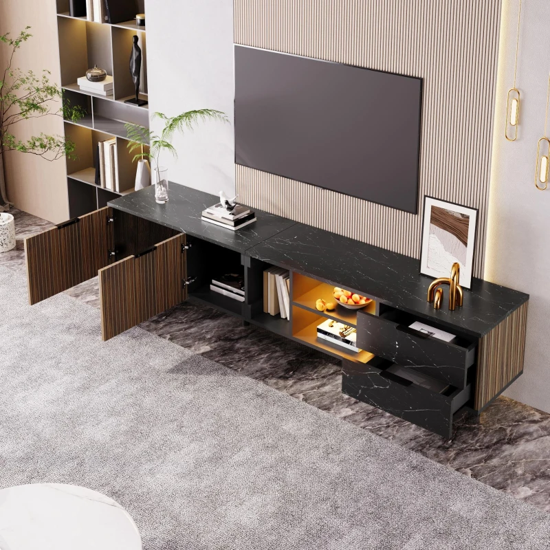 Modern TV Cabinet with 2 Wood-Grain Doors and 2 Open Shelves, TV Stand for Robot Vacuum Cleaners, 200L x 38W x 50H cm, Black+Wood