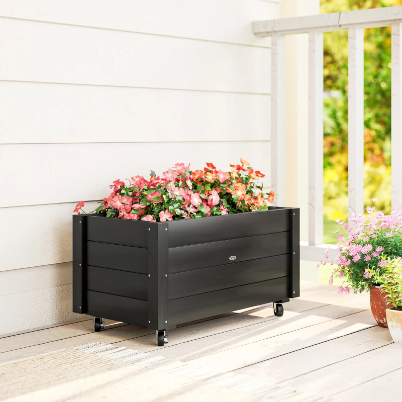 Outsunny Fioriera da Giardino con Foro di Drenaggio e Rotelle, in Legno di Abete, 89x48x47 cm, Nera