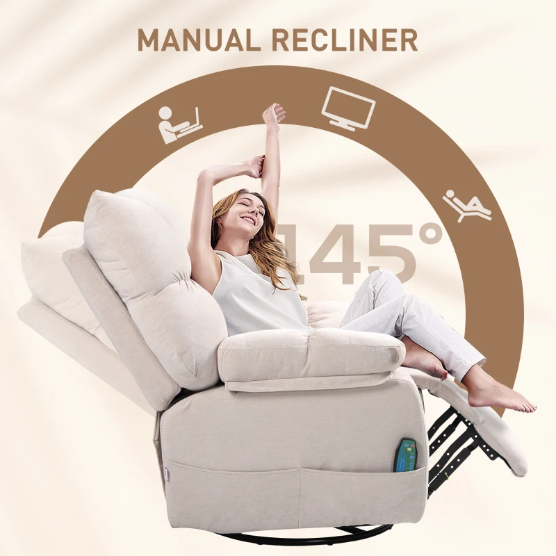 HOMCOM Fotoliu Reclinabil 145° cu Masaj și Încălzire cu 5 Programe și 8 Puncte Vibrante, Buzunare de Depozitare, Bej