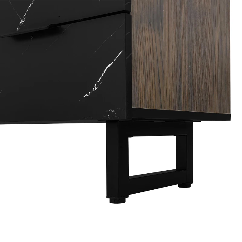 Modern TV Cabinet with 2 Wood-Grain Doors and 2 Open Shelves, TV Stand for Robot Vacuum Cleaners, 200L x 38W x 50H cm, Black+Wood