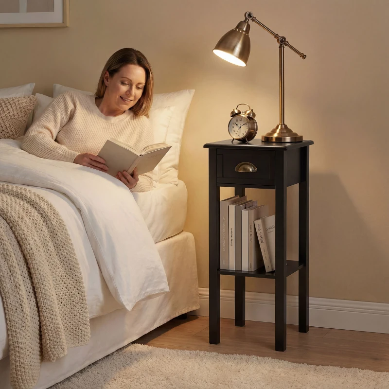 HOMCOM Mesa de Apoio com Gaveta e Prateleira de Armazenamento Estilo Moderno 30x30x75 cm Preto