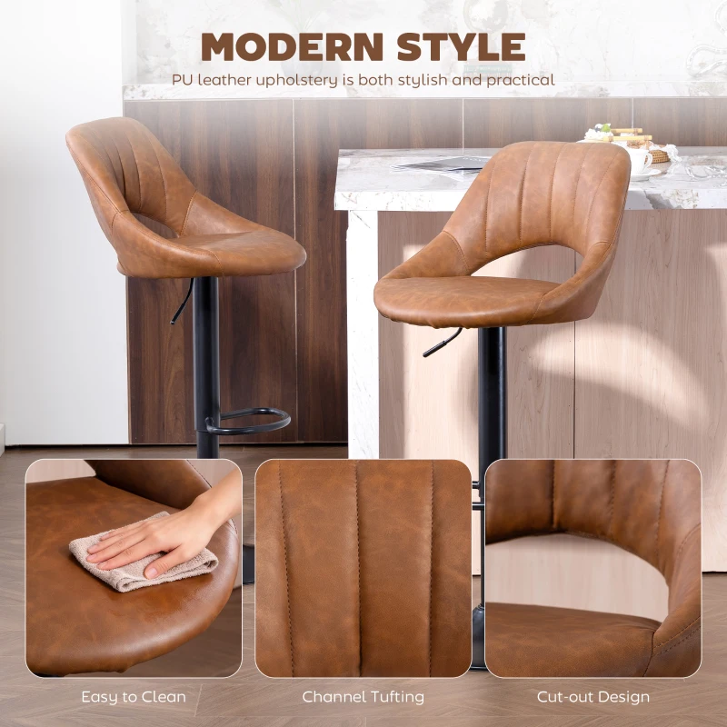 HOMCOM Bar Stools Set of 2, PU Leather Swivel Barstools with Backrest and Footrest for Kitchen, Counter, Breakfast Bar, Brown