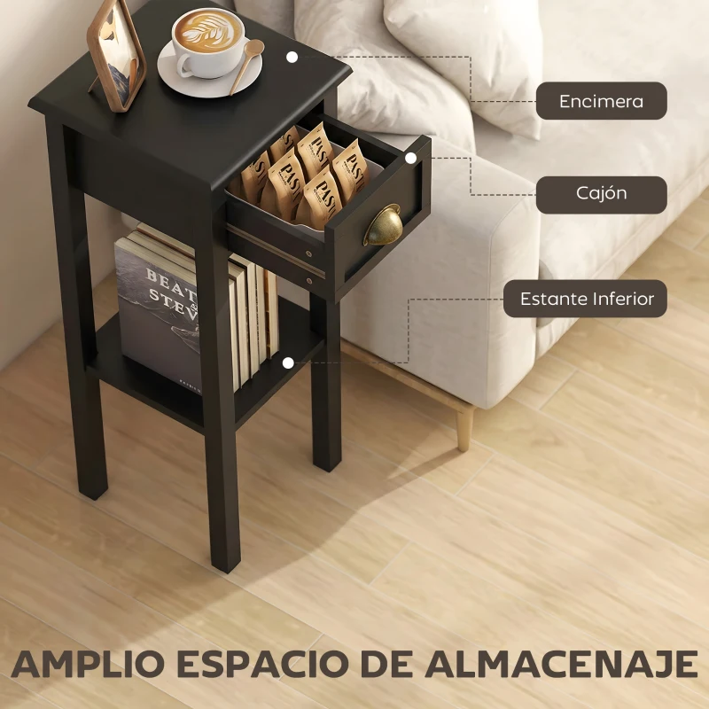 HOMCOM Mesa Auxiliar Estilo Moderno Mesita Auxiliar con Cajón y Estante de Almacenamiento 30x30x75 cm Negro