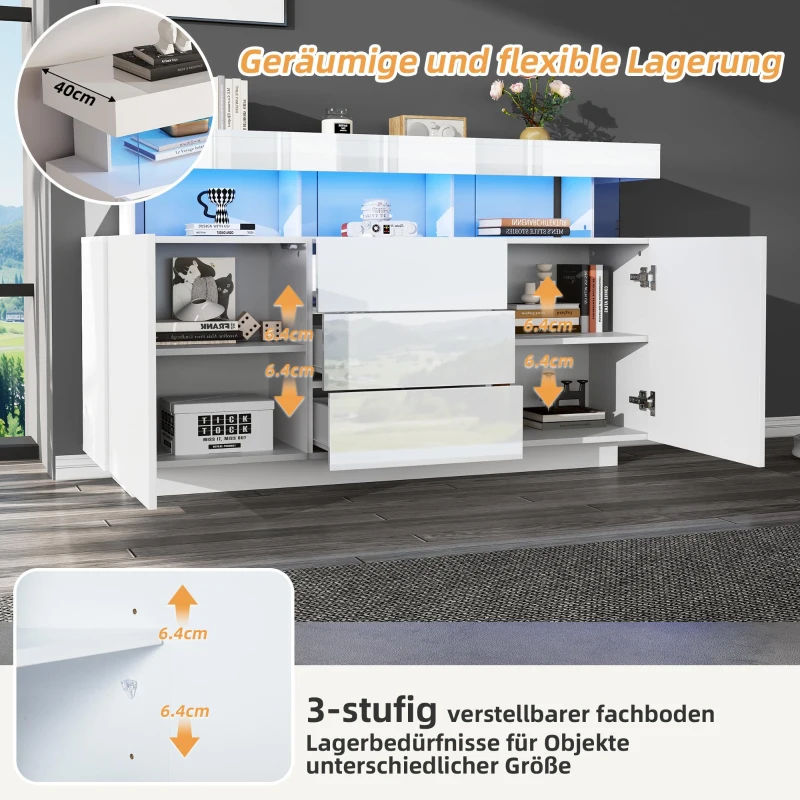 High-gloss Storage Cabinet with App-Controlled LED Lighting, Locker with Adjustable Shelves and Soft-close Drawers, 140L x 35W x 80H cm, White