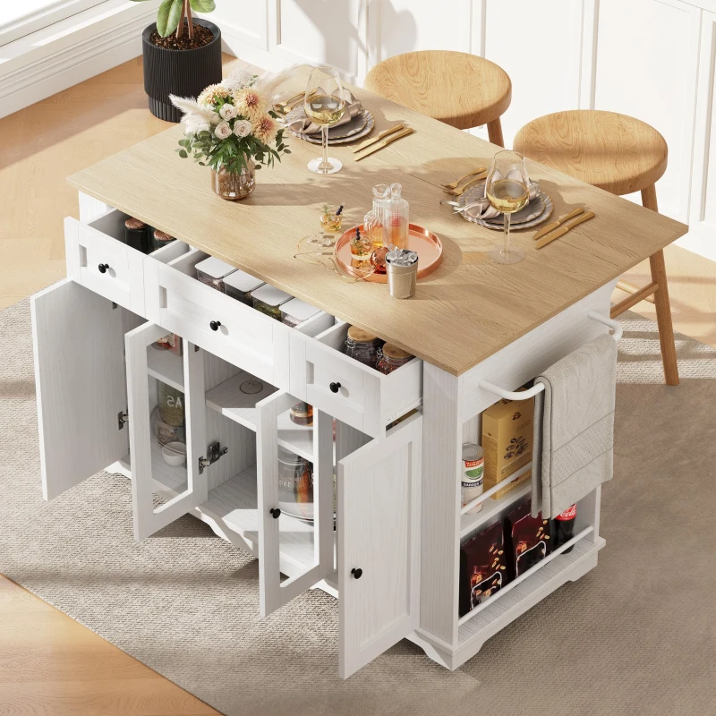 Modern Kitchen Island and Serving Trolley with MDF Worktop, Extendable Fold‑out Dining Table with Drawer, 151.5L x 60W x 91.5H cm, White