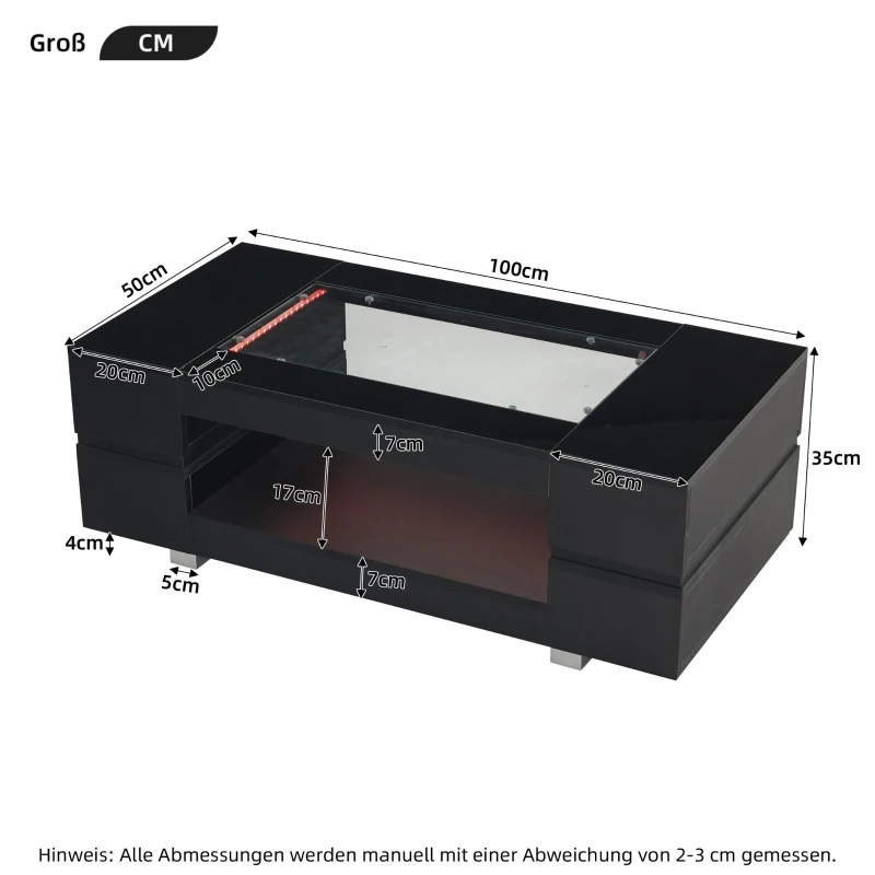 Modern LED Hollow Coffee Table with App-Controlled Light Strip, Desk with High-Gloss Toughened Glass Top, 100L x 50W x 35H cm, Black