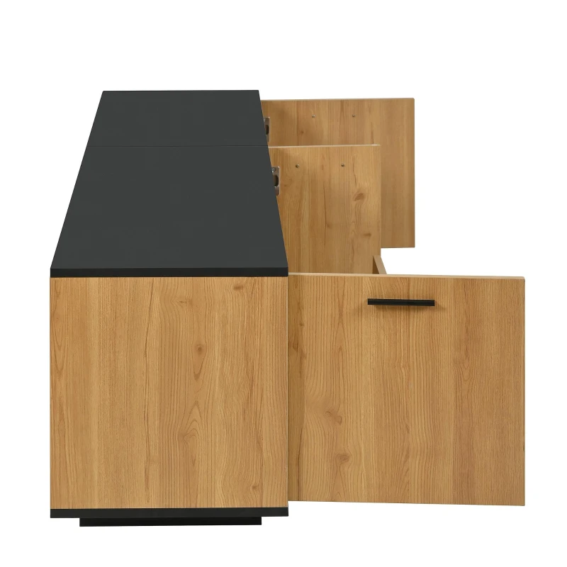 Modern TV Cabinet with 3 Doors, Drawer and 2 Open Glass Compartments, TV Stand with Solid Wooden Legs, 180L x 37W x 45H cm, Black+Wood