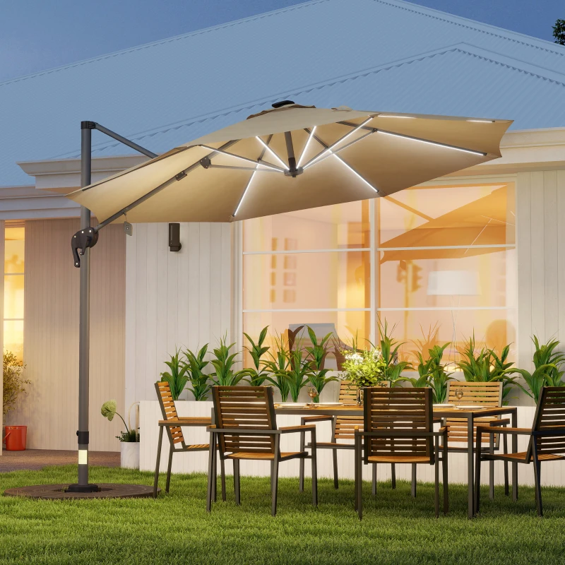 Outsunny Parasol déporté octogonal parasol LED solaire inclinable pivotant manivelle piètement aluminium dim. Ø 3 x 2,55H m beige