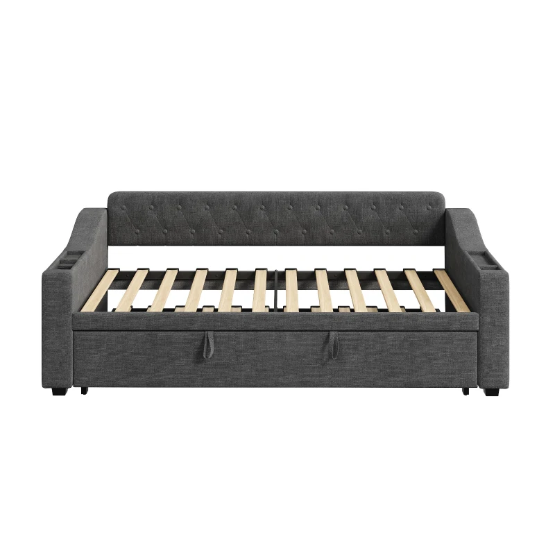 3-in-1 Upholstered Sofa Daybed with USB and Type-C Charging Station, Bed Frame with Built-In Armrest Storage, 217L x 191W x 81H cm, Grey