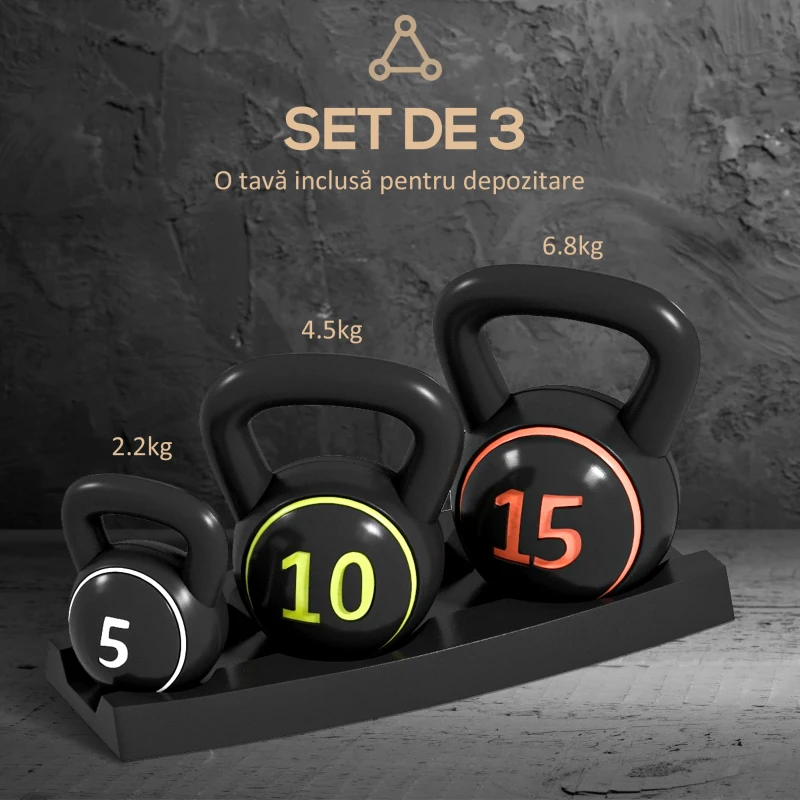 SPORTNOW Set 3 Kettlebell de 2.2 kg, 4.5 kg și 6.8 kg cu Suport pentru Greutăți, din Plastic și Nisip, Negru